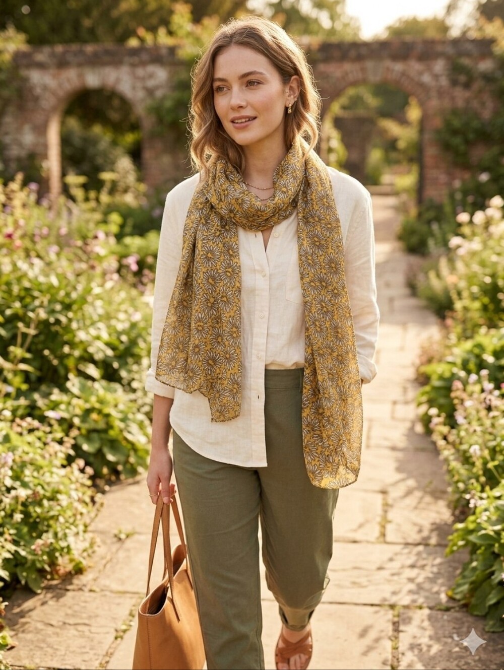 OLSEN | Yellow Floral Daisy Print | Lightweight Oblong Scarf
